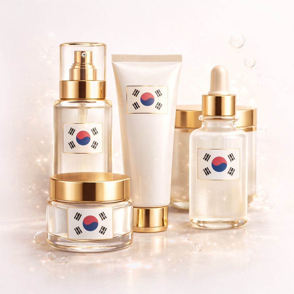 K-beauty products with Korean flag
